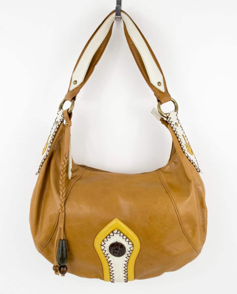 BCBG Girls Leather Purse Brown Yellow White Handbag 13 in x 9 in Western Look