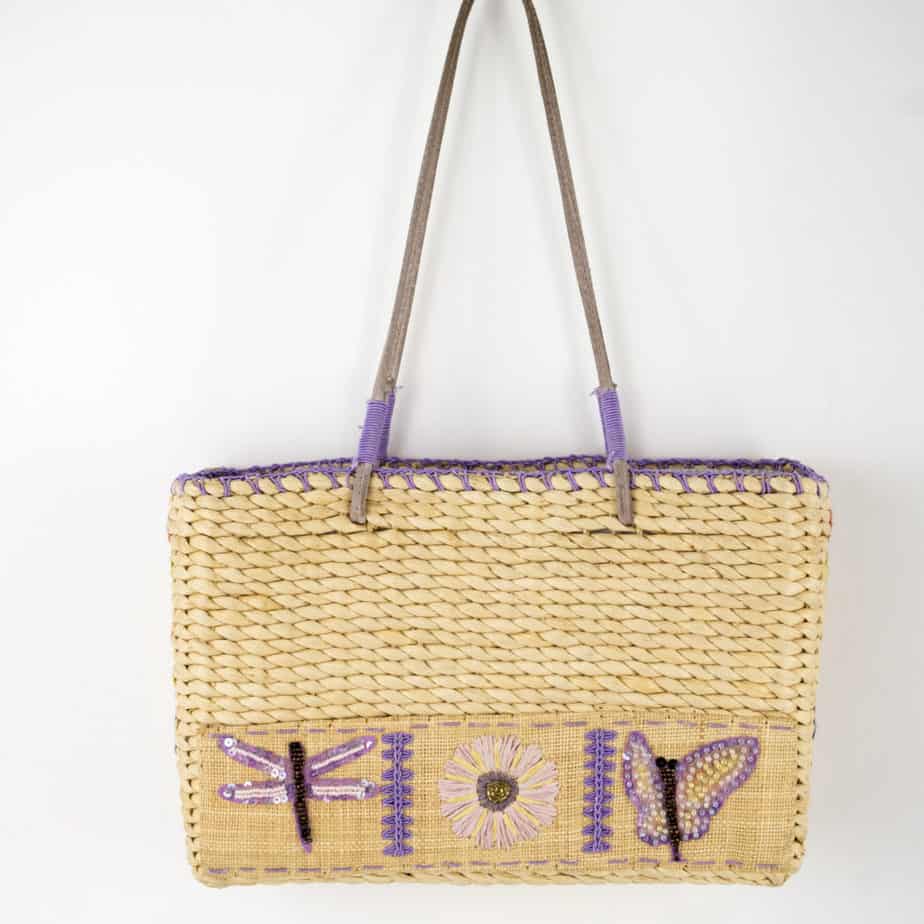 Butterfly Dragonfly Purple Purse Beaded Raffia Straw Woven Natural Straw Lined